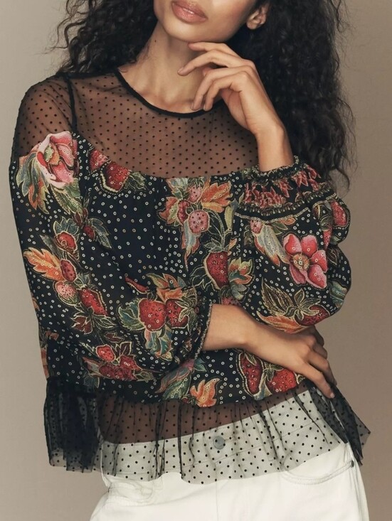 FARM Rio Tops - NWT Farm Rio x Anthropologie Sheer Mesh Polka Dot Floral Blouse Sz S Boho
